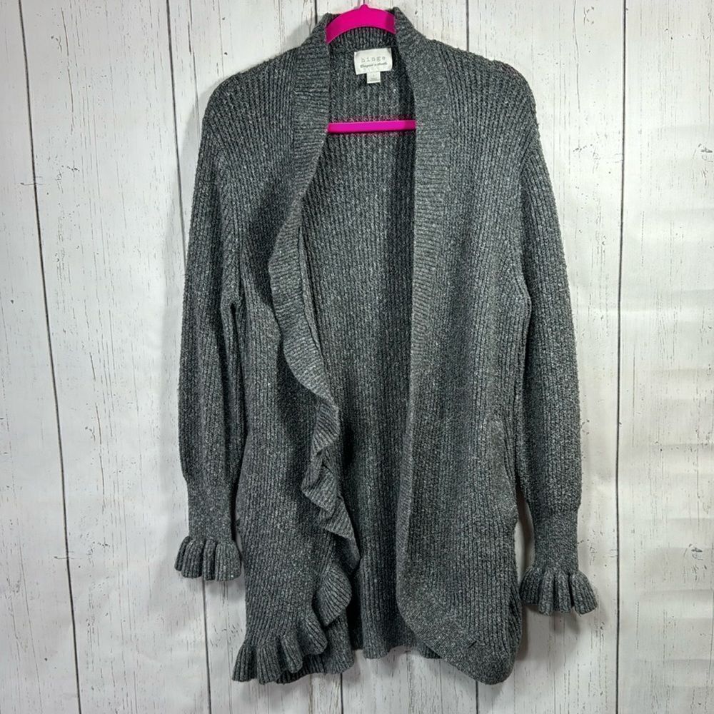 Hinge Long Ruffle Gray Pockets Open Front Knit Cardigan